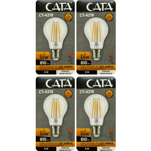 (4 Adet) Cata CT-4218 8W (60W) 3000K (Sarı Işık) Dim Edilebilir E27 Duylu (Kalın Duy) LED Filament Ampul