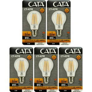 (5 Adet) Cata CT-4218 8W (60W) 3000K (Sarı Işık) Dim Edilebilir E27 Duylu (Kalın Duy) Led Filament Ampul