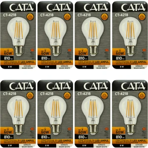 (8 Adet) Cata CT-4218 8W (60W) 3000K (Sarı Işık) Dim Edilebilir E27 Duylu (Kalın Duy) Led Filament Ampul
