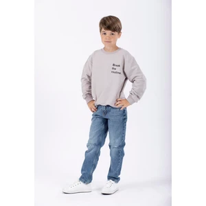 Bisiklet Yaka Uzun Kol Yazı Baskılı Taş Rengi Erkek Çocuk Sweatshirt