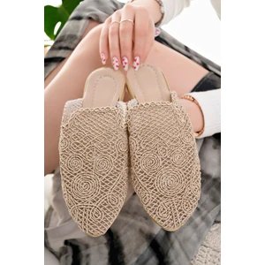 Moda Fırsat Kadın Hasır Terlik Bej Önü Kapalı Örgü Dantel Triko Nakış Detaylı Şık Yeni Sezon Yazlık Ev Plaj Tatil Terliği