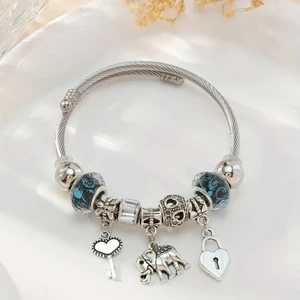 Pandora Tarz,mavi Fil Kalp Anahtar Charm Bileklik, Ahşap Kutu İçerisinde