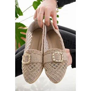 Moda Fırsat Kadın Babet Bej Hasır Örme Dantel Örgü Triko Şık Ev Iş Ofis Günlük Ayakkabı