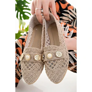 Moda Fırsat Kadın Babet Bej Hasır Örme Dantel Örgü Triko Şık Ev Iş Ofis Günlük Ayakkabı