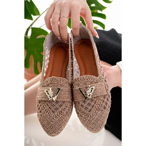 Moda Fırsat Kadın Babet Taba Hasır Örme Dantel Örgü Triko Şık Ev Iş Ofis Günlük Ayakkabı