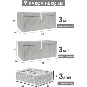 Tıkla Gel Al 9 Adet Kapaklı Kutu Hurç & Bölmeli Organizer Mega&Maxiboy(30 x 40 x 50 cm) (30 x 40 x 70 cm) Çok Amaçlı Kutu Hurç
