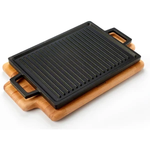Döküm Dikdörtgen Çift Yön Izgara Hot Plate Döküm Demir Yekpare Çift Kulplu Kayın Servis Ahşabı Ölçü 22x30cm.