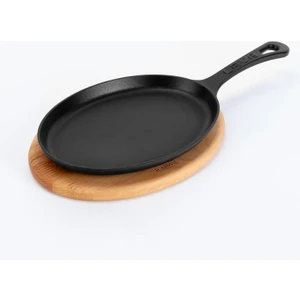 Döküm Oval Fajita Tabağı Döküm Demir Yekpare Saplı Kayın Servis Ahşabı Ölçü 17x23cm.
