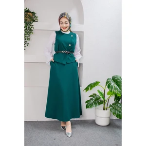 Hedy Kemerli Yelek Etek Takım-Petrol