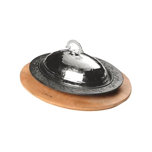 Döküm Oval Döner, Kebap Tabağı Kayın Servis Ahşabı ve Bakır Dövme Formlu Kapak Ölçü 28x20cm.