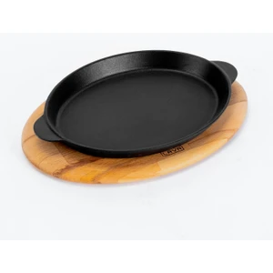 Döküm Oval Fajita Tabağı Döküm Demir Yekpare Çift Kulplu Kayın Servis Ahşabı Ölçü 18x24cm.