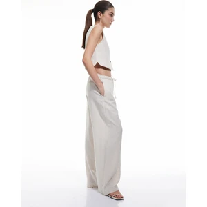 Beli Bağlamalı Viskon Keten Karışımlı Yüksek Bel Bol Paça Pantolon