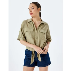 Bağlama Detaylı Viskon Kısa Kollu Crop Oversize Gömlek