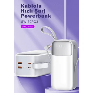 50000 mAh PD 22.5 W Hızlı Şarj Kendinden Kablolu Type-C & Lightning Powerbank Beyaz SW-50PO3