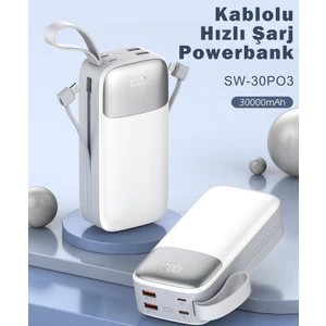 30000 mAh PD 22.5 W Hızlı Şarj Kendinden Kablolu Type-C & Lightning Powerbank Beyaz SW-30PO3