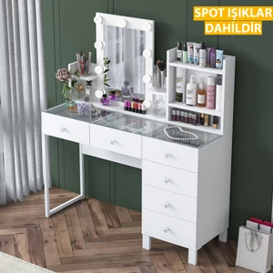BJ141 Hollywood Işıklı Aynalı Kulis Makyaj Masası Cam Tablalı 6 Çekmeceli Takı Düzenleyici Beyaz