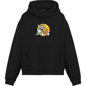 Alex Rosen Tom ve Jerry Baskılı Siyah Unisex Oversize Fit Pamuklu Kapüşonlu Sweatshirt