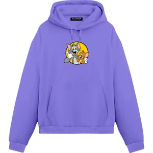 Alex Rosen Tom ve Jerry Baskılı Mor Unisex Oversize Fit Pamuklu Kapüşonlu Sweatshirt