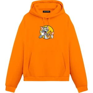 Alex Rosen Tom ve Jerry Baskılı Turuncu Unisex Oversize Fit Pamuklu Kapüşonlu Sweatshirt