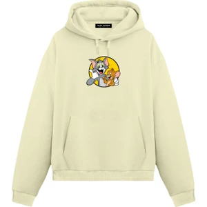 Alex Rosen Tom ve Jerry Baskılı Krem Unisex Oversize Fit Pamuklu Kapüşonlu Sweatshirt
