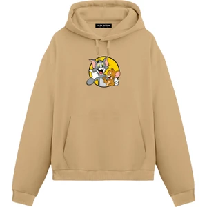 Alex Rosen Tom ve Jerry Baskılı Kahverengi Unisex Oversize Fit Pamuklu Kapüşonlu Sweatshirt