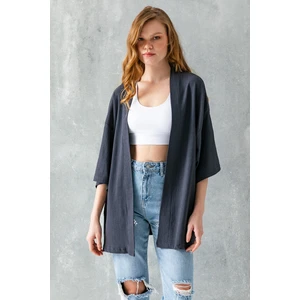 Kadın Yarım Kol Rahat Kesim Bürümcük Kısa Kimono Antrasit - 7099