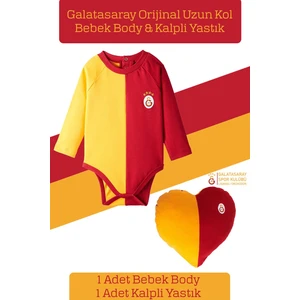 Lisanslı Uzun Kol Bebek Body Zıbın & Sarı Kırmızı Kalpli Yastık Set