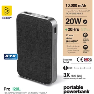 Iberry I20L 10000 mAh Pd 3.0 20W Hızlı Powerbank Taşınabilir Şarj Cihazı