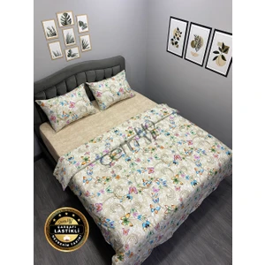 Çetin Home Çetinhome Çarşafı Lastikli Çift Kişilik Nevresim Takımı Kelebek Krem