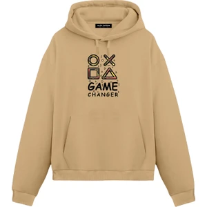 Alex Rosen Game Changer Baskılı Kahverengi Unisex Oversize Fit Pamuklu Kapüşonlu Sweatshirt