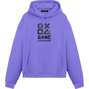 Alex Rosen Game Changer Baskılı Mor Unisex Oversize Fit Pamuklu Kapüşonlu Sweatshirt