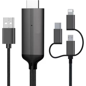 Phone To HDMI Kablo, 2k 60Hz Yüksek Hızlı, 3in1 Kablo Telefondan HDMI Çıkış Kablo Type-C Lightning Micro USB Çevirici ZR847