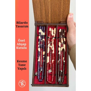 3'lü Ahşap Kutusunda Kesme Bilardo Toz Kehribar Tesbih