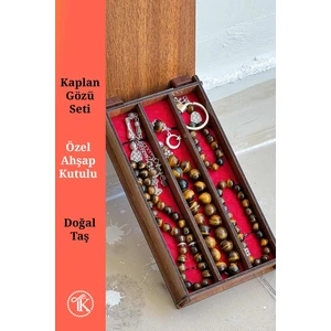 Ahşap Kutuda Kaplan Gözü Seti Tesbih - Bileklik - Anahtarlık