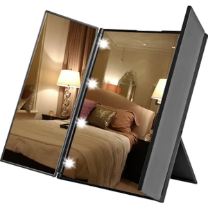 LED Işıklı Katlanabilir Makyaj Aynası Masaüstü Taşınabilir Seyahat Mike Up Üç Taraflı Ayna