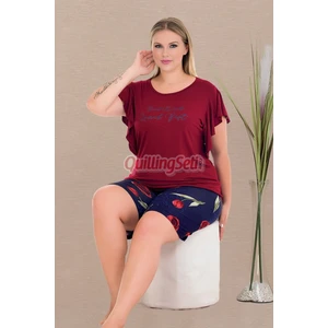 Bordo - Lacivert Renk ve Gül Desenli 10428 Şortlu Büyük Beden Anne Pijama Takımı
