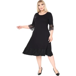 Butik Siyah Flare Kol Eteği Dantel Detaylı Abiye Elbise