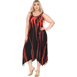 Butik Askılı V Yaka Toka Detaylı Kırmızı Lav Desen Elbise