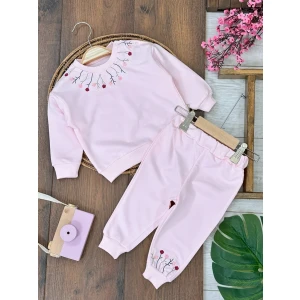 Kids Kingdom Pembe Kız Bebek Pamuklu Nakışlı Çiçek Işlemeli Lastikli Paça 2 Iplik Takım