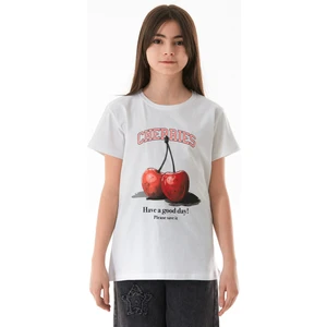 %100 Pamuk Kiraz Baskılı Bisiklet Yaka Kız Çocuk Tişört