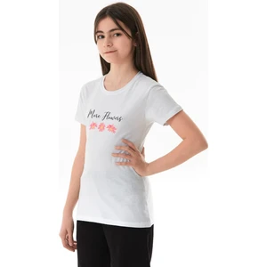 %100 Pamuk Yazı ve Çiçek Baskılı Bisiklet Yaka Kız Çocuk Tişört