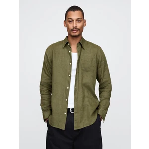 Erkek Haki %100 Keten Klasik Gömlek