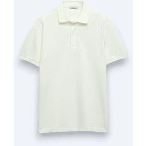 Kırık Beyaz Düz Polo Yaka %100 Pamuk T-Shirt