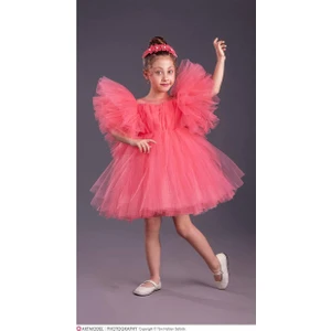 Kız Çocuk Tütü Etekli Kabarık Kollu Komotini Taçlı  Abiye Elbise 1662NÇ