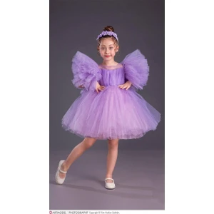 Kız Çocuk Tütü Etekli Kabarık Kollu Komotini Taçlı  Abiye Elbise Mor 1662