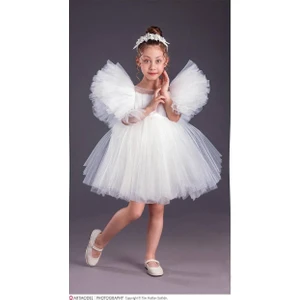 Kız Çocuk Tütü Etekli Kabarık Kollu Komotini Taçlı  Abiye Elbise 1662 Beyaz