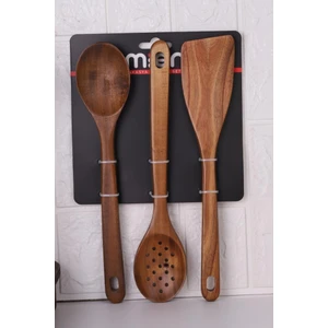 Atby Akasya Ahşap 3'lü Mutfak Kaşık Seti Delikli Kaşık Karıştırma Kaşığı ve Spatula