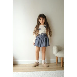 Kız Çocuk Kelebek Figürlü Pamuklu Kumaş Beli Lastikli Kurdeleli Mavi Sim Geçişli Etek Bluz Ikili Takım