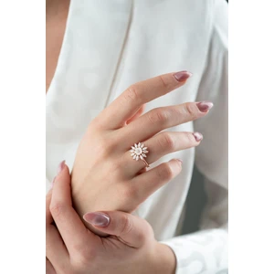 925 Ayar Gümüş Ayarlanabilir Rose Kaplama Mekik Taşlı Manolya Çiçeği Yüzük