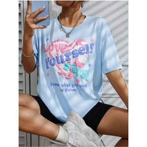 Kadın / Kız Love Yourself Baskılı Bebek Mavisi Oversize T-Shirt Salaş Boyfirend